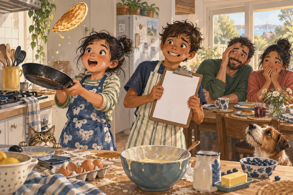 Two apron-wearing children flip a pancake and hold a blank clipboard while two amused adults watch in a sunny, messy kitchen.