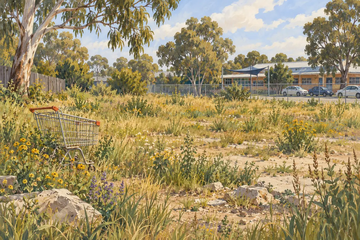 A lone shopping trolley stands among weeds and wildflowers in an empty block beside a school fence and gum trees.