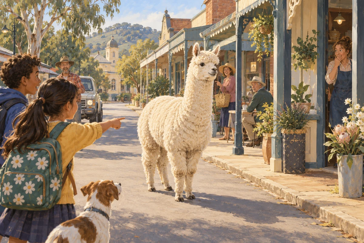 A cream alpaca stands calmly in a country-town street as a surprised shopkeeper and passers-by watch and point.