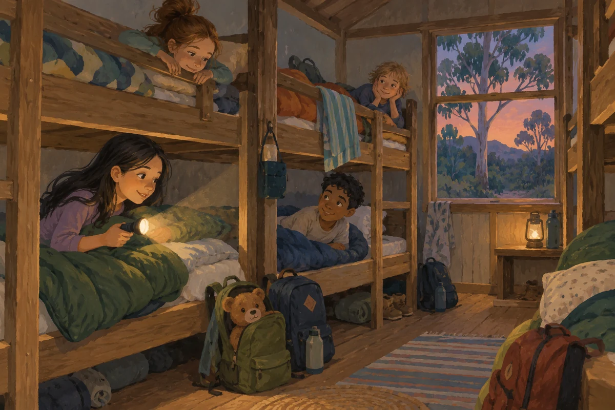 Children settle into cabin bunk beds at dusk beside sleeping bags, backpacks, a torch beam and a teddy bear peeking from a bag.