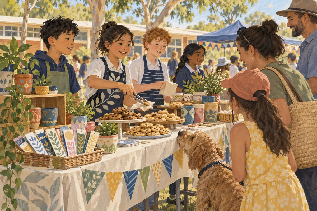 Children serve customers at a sunny school stall filled with biscuits, painted pots and patterned bookmarks as a dog sniffs the table.