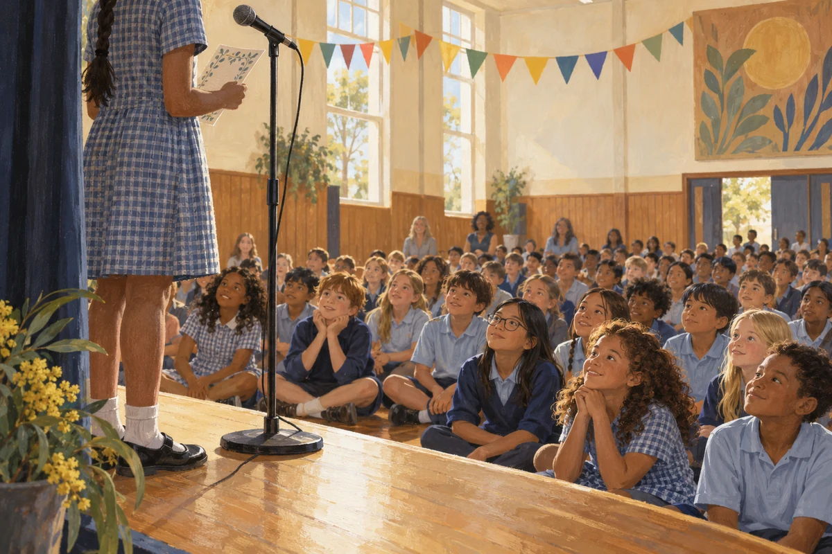 Rows of children look towards a microphone on a school stage beneath colourful paper bunting.