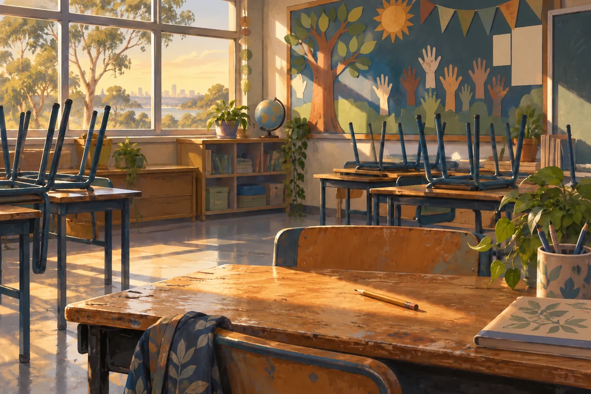 Afternoon sun lights a worn desk and pencil in an empty classroom with stacked chairs and raised-hand paper cut-outs on a pinboard.